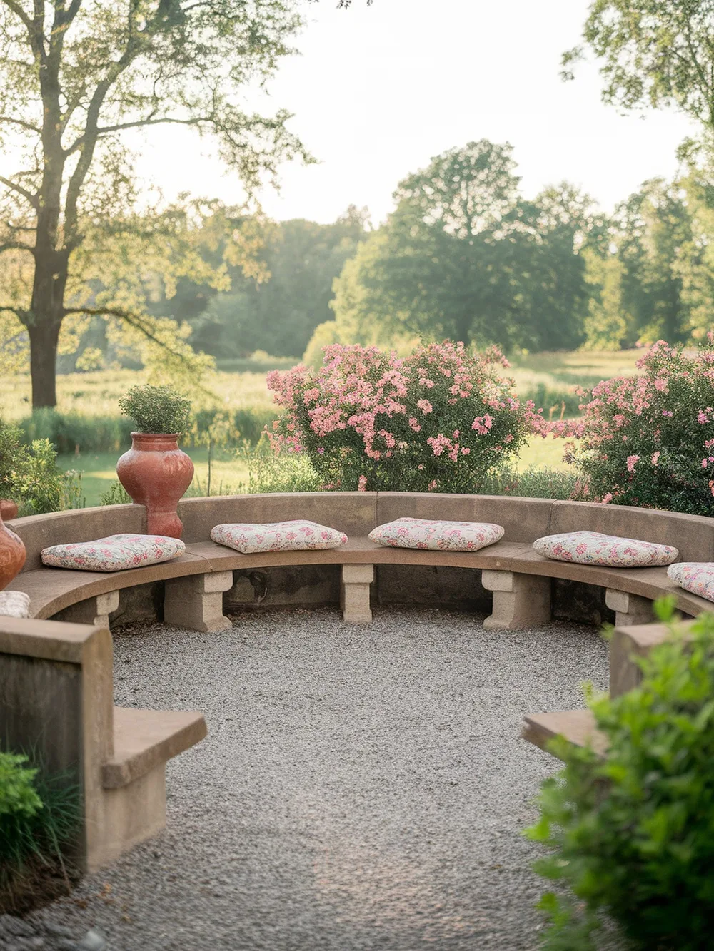 A circular stone bench seating area on gravel, surrounded by flowers and greenery.