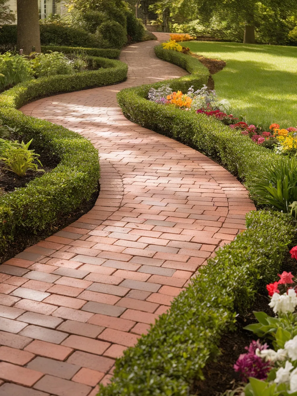 A winding classic brick paver walkway surrounded by green hedges and colorful flowers.