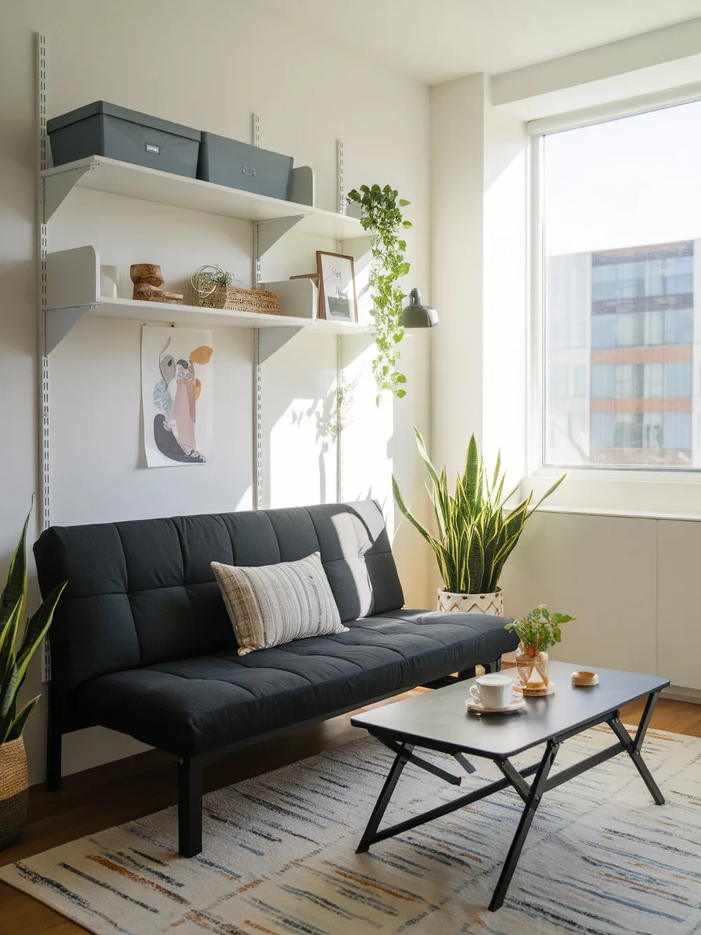 Compact living room featuring a black couch, plants, and decorative shelves.