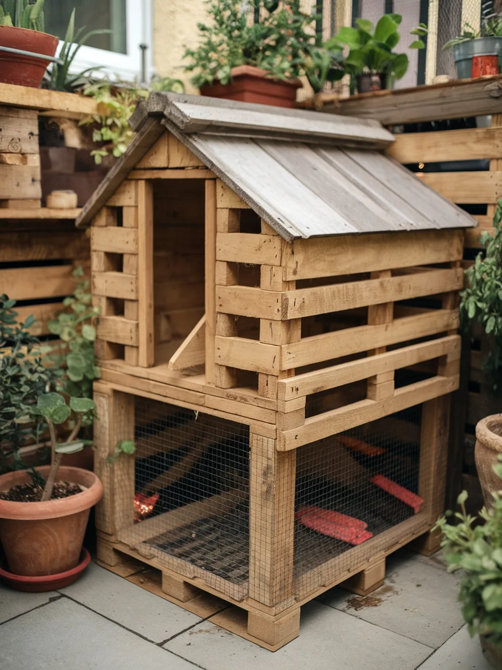 A compact wooden pallet chicken coop designed for urban environments, featuring a slanted roof and surrounded by potted plants.