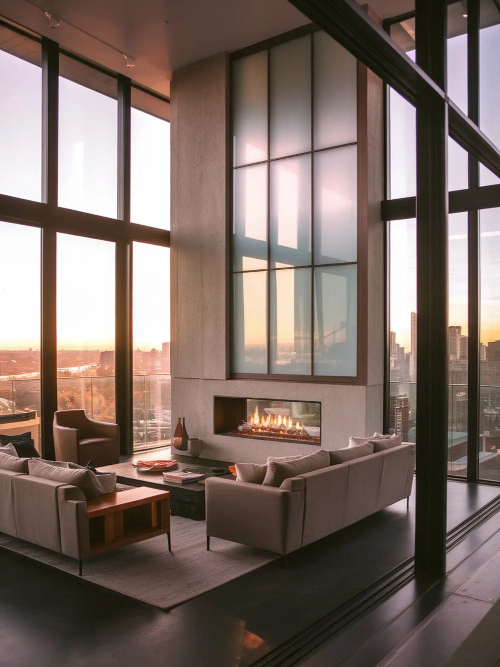 A modern living room featuring a fireplace accent wall made of concrete and glass, with large windows showcasing a sunset view.