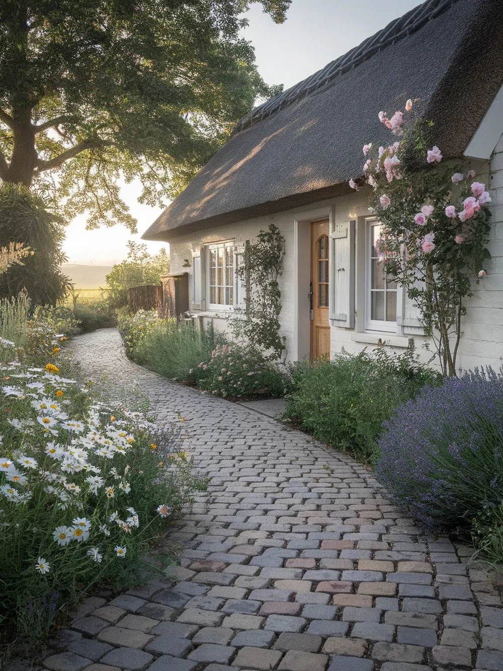 A charming cottage-style walkway made of cobblestones, surrounded by flowers and greenery.