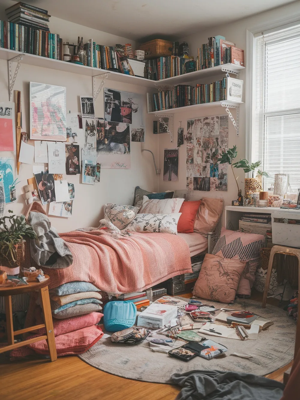 A cozy teen girl's bedroom filled with colorful pillows, books, and personal items scattered around.