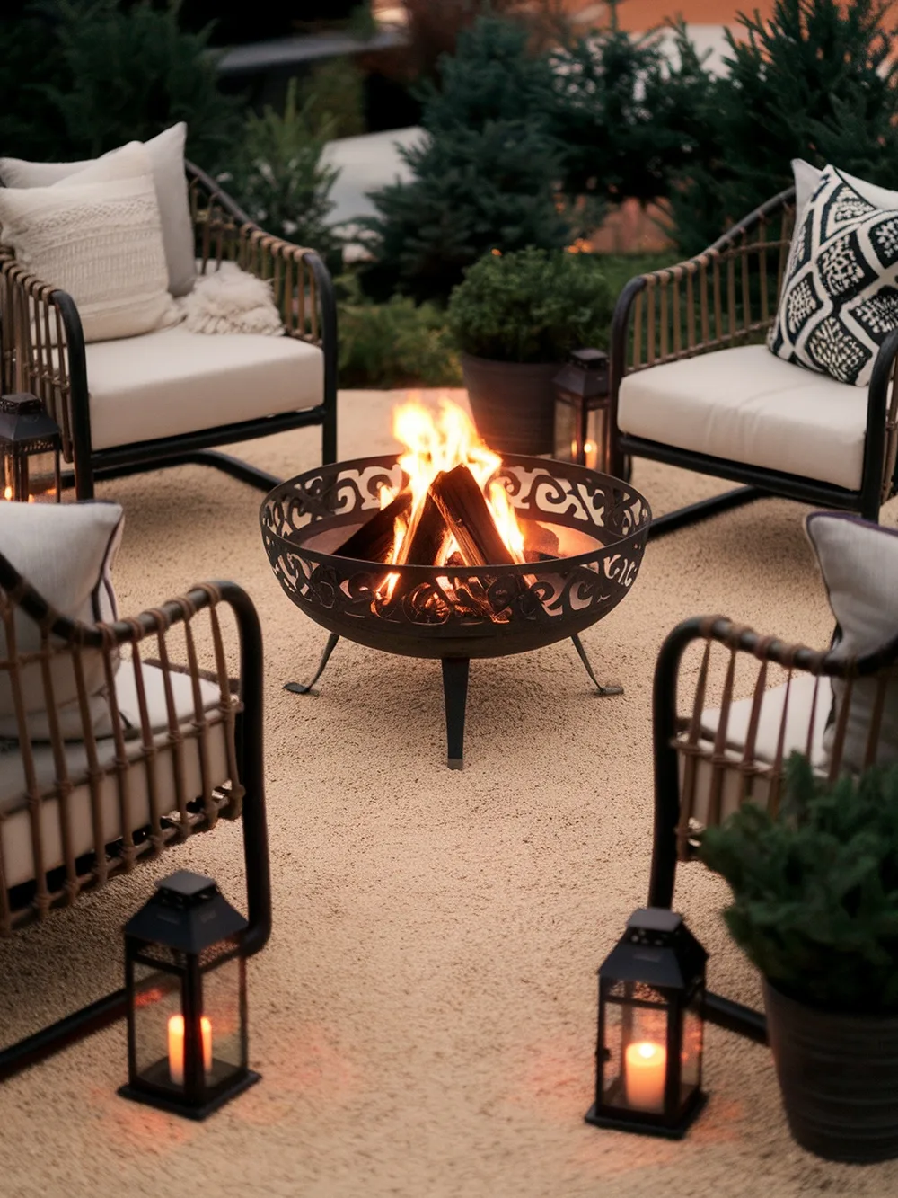 Cozy fire bowl seating area with chairs and lanterns in a gravel backyard
