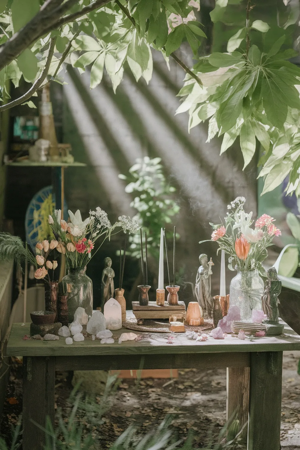 A garden altar with flowers, candles, and crystals on a wooden table surrounded by greenery.