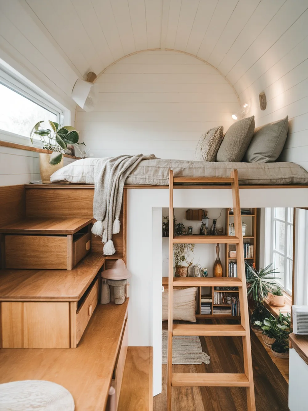 Cozy loft space in a tiny home with a bed, wooden ladder, and plants.