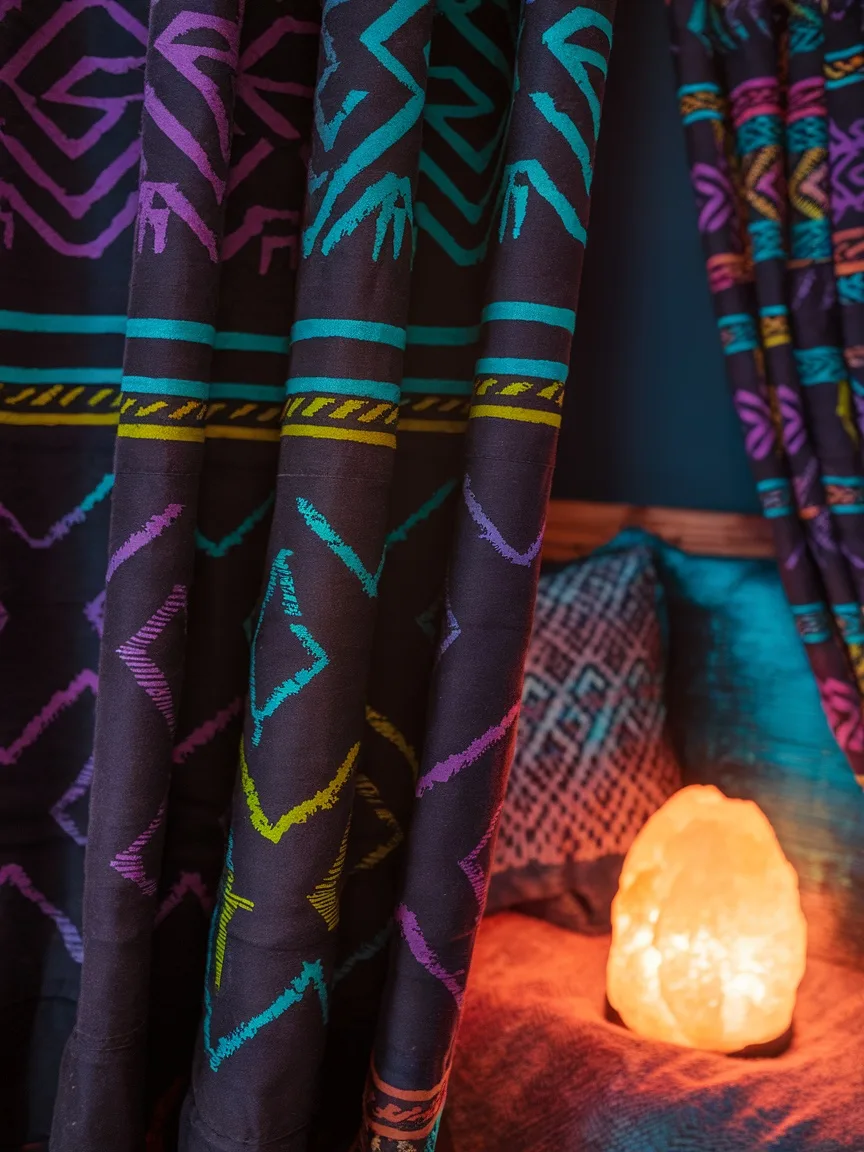 Colorful boho curtains in purple, yellow, and turquoise with a cozy nook and a glowing salt lamp.