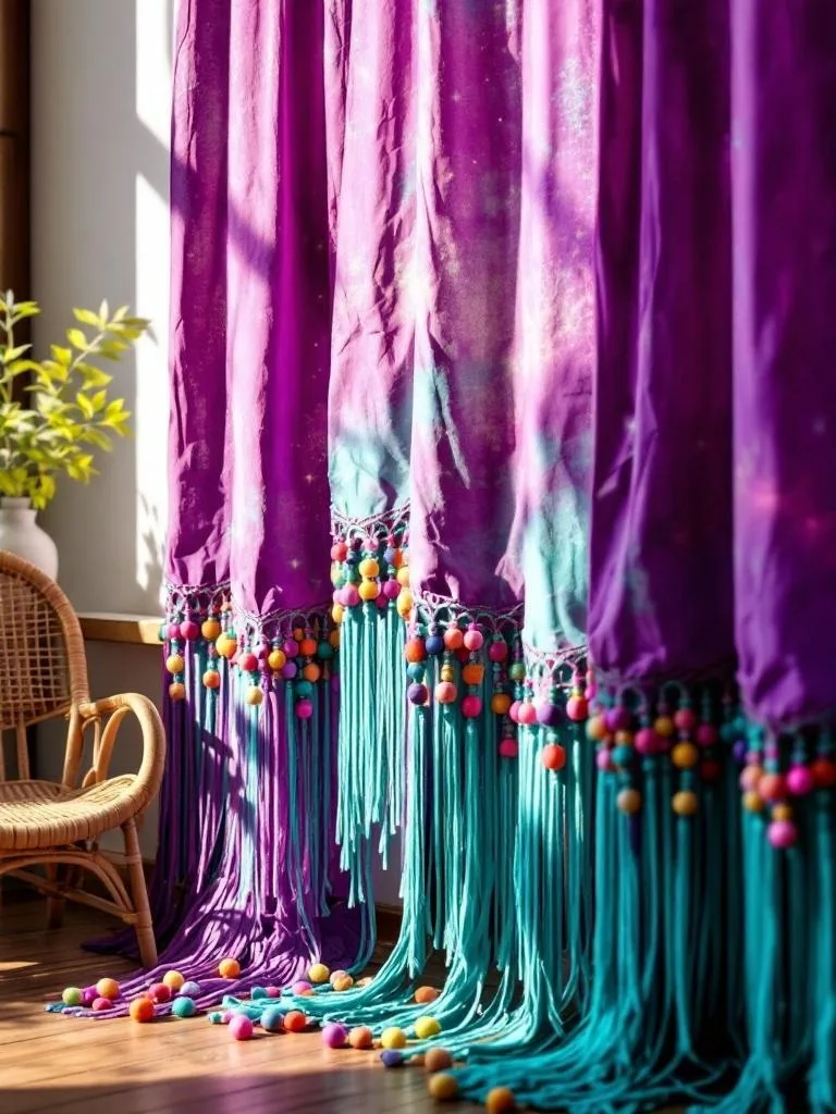 Colorful fringe and bead curtains in purple and turquoise hues