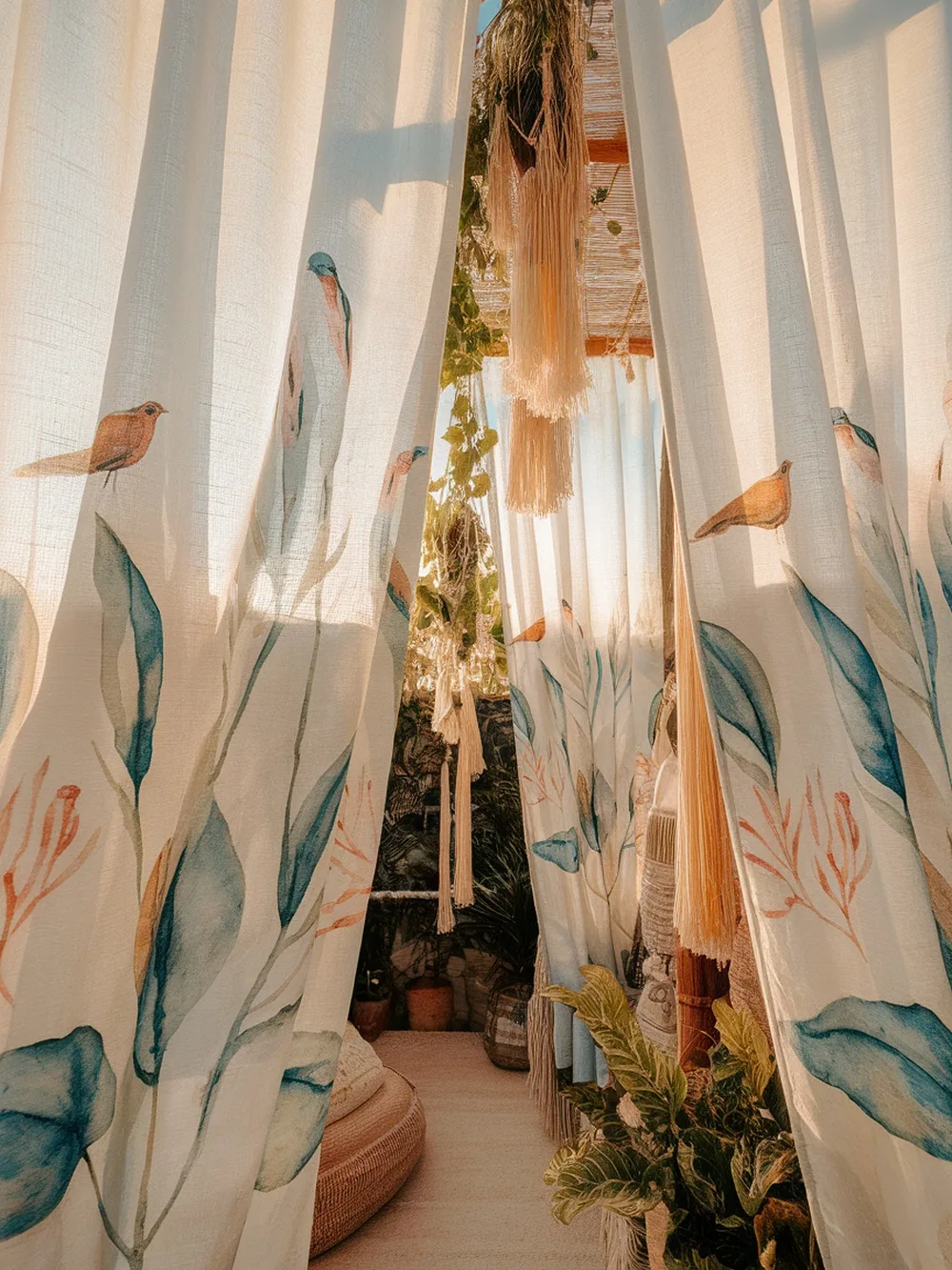 Curtains with nature-inspired prints featuring birds and leaves