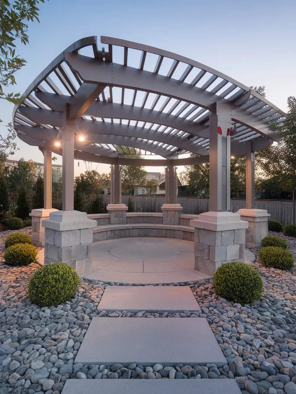 A modern curved pergola with a rainproof design, surrounded by landscaped stones and greenery.