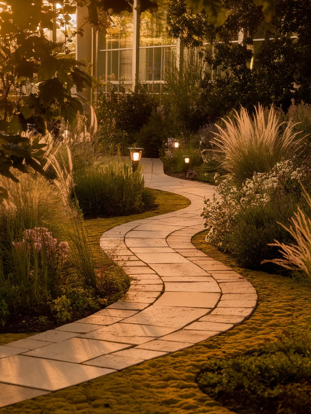 Curved stone walkway through a garden with lanterns and lush plants