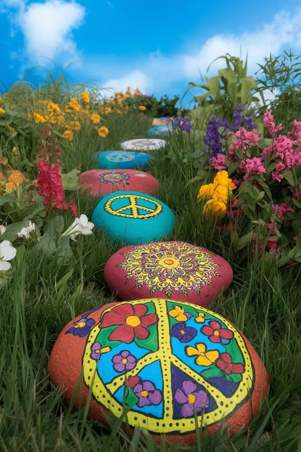 A colorful garden path lined with painted rocks featuring peace symbols and floral designs.