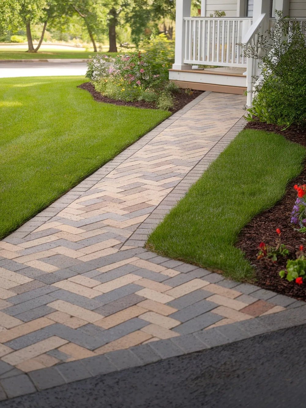 Diagonal paver walkway through a front yard with grass and flowers
