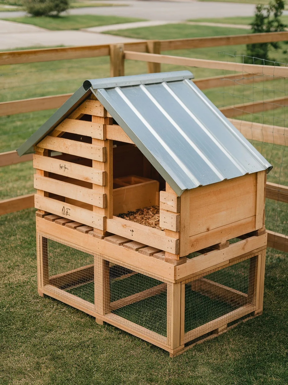 A simple DIY chicken coop made from wooden pallets with a metal roof.