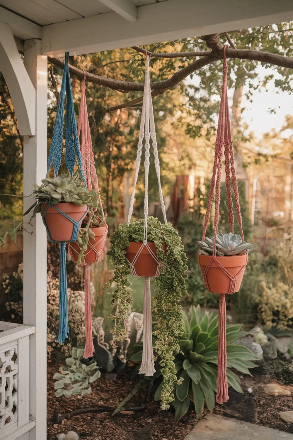 Colorful macrame plant hangers with potted plants hanging from a porch.