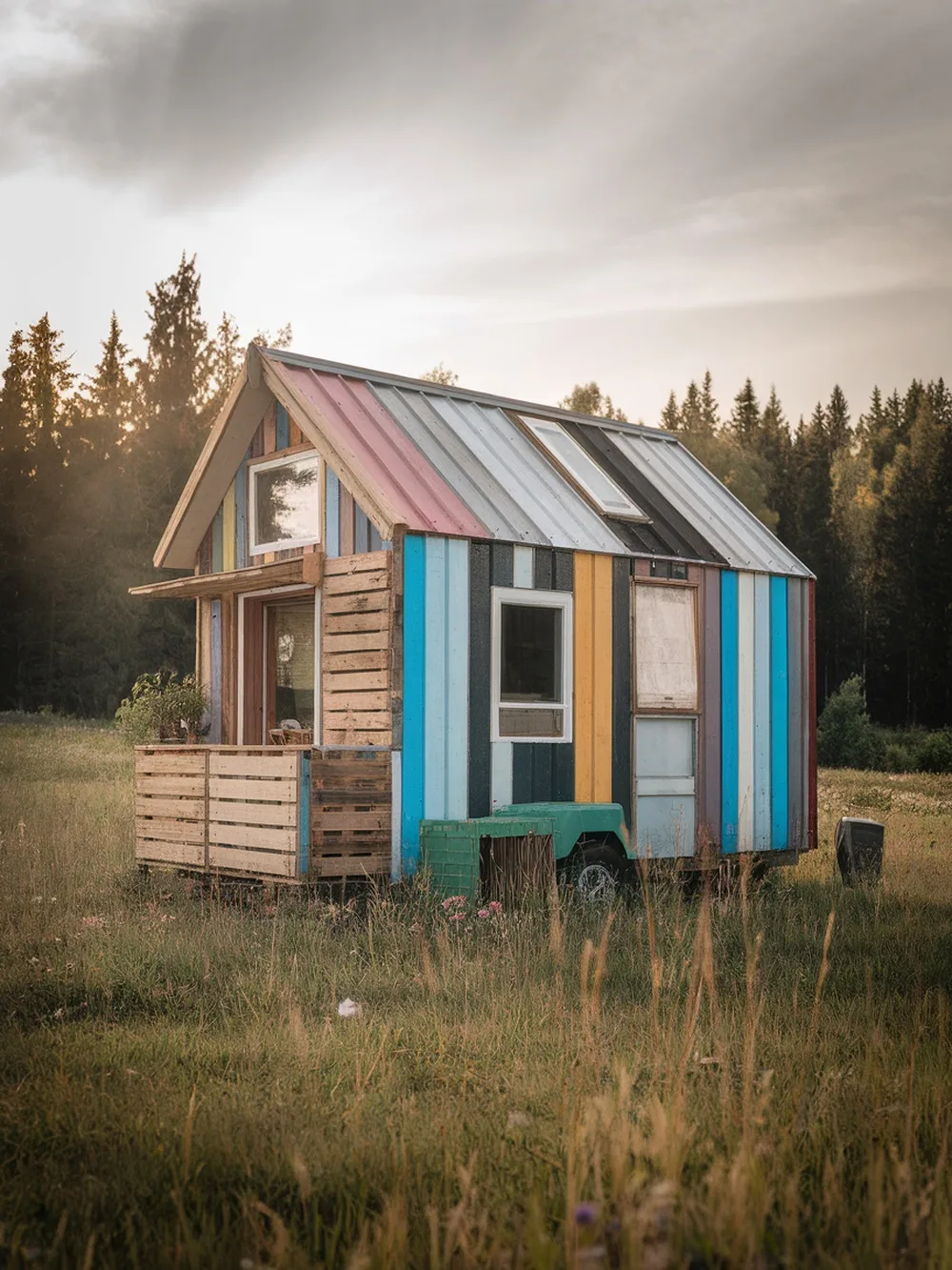 A colorful tiny house made from recycled materials, set in a grassy field with trees in the background.