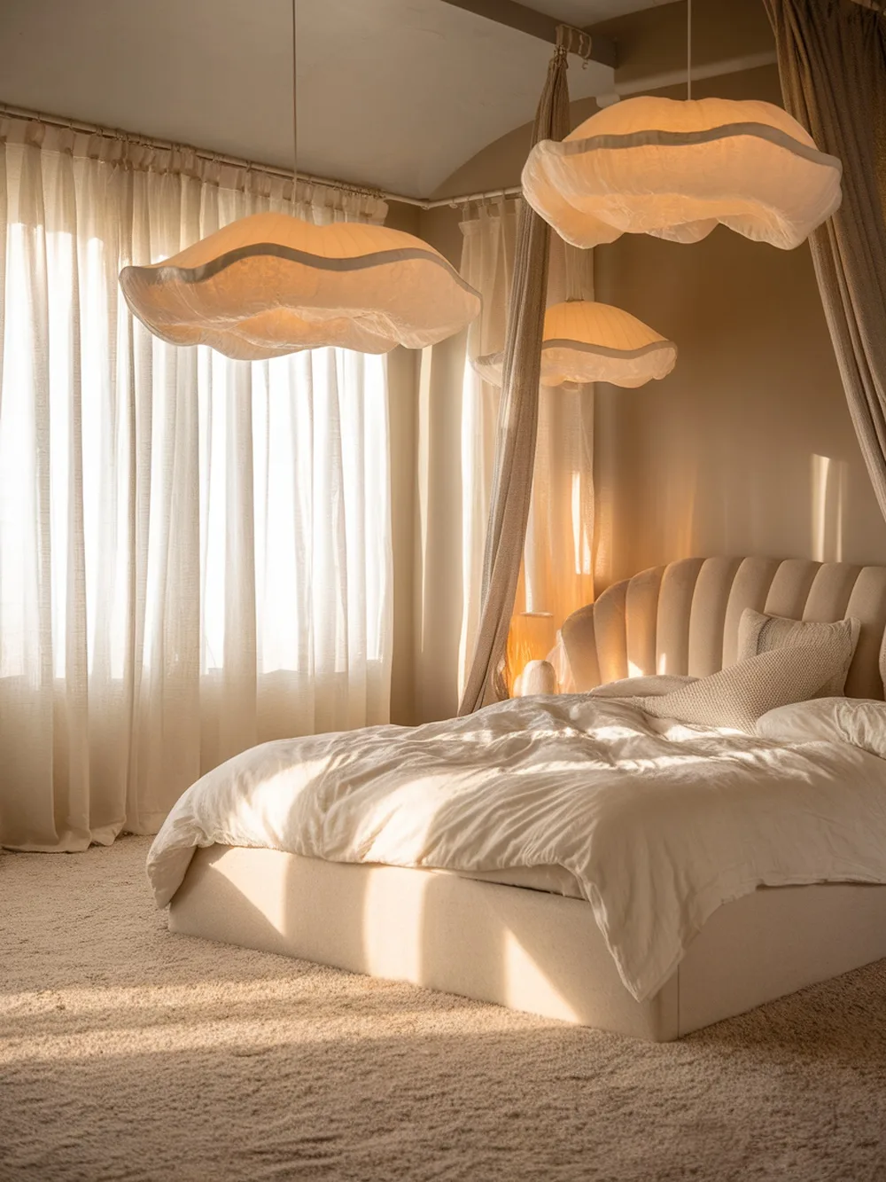 A cozy bedroom with cloud-shaped light fixtures and soft, neutral decor.