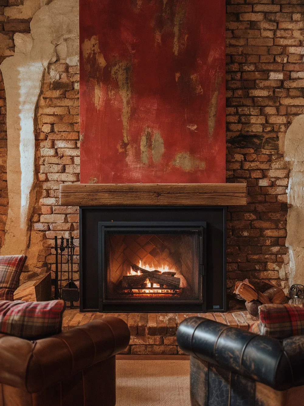 A cozy fireplace with an exposed brick wall and a warm fire.