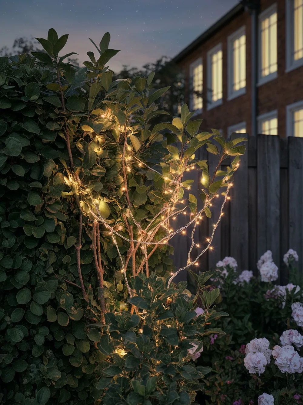 Fairy lights wrapped around bushes in a garden at dusk.