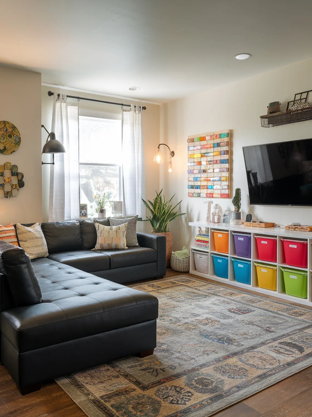 A cozy living room featuring a black sectional couch, colorful storage bins, and natural light.