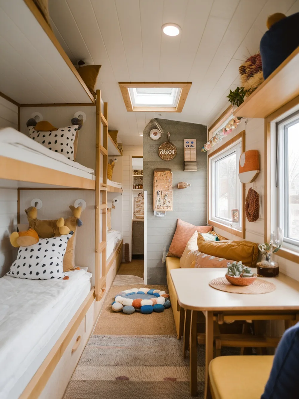 Interior of a tiny house featuring bunk beds, a small dining area, and natural light from skylights.