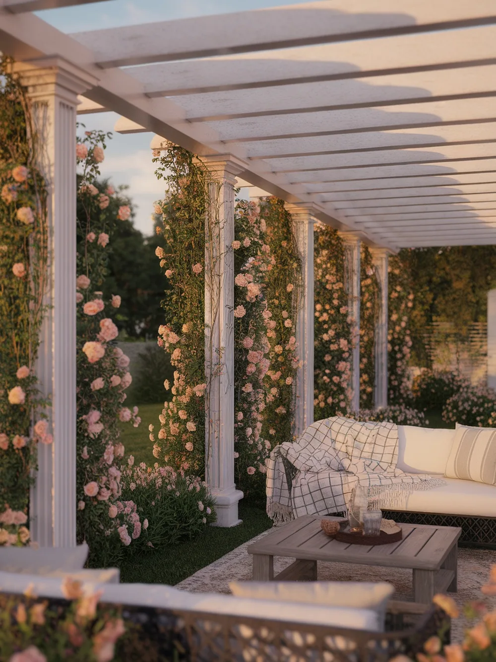 A farmhouse pergola adorned with climbing roses, featuring a cozy seating area and a rustic wooden table.