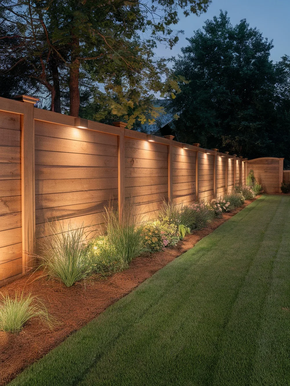 A beautifully lit wooden fence with plants along the base, showcasing outdoor lighting.