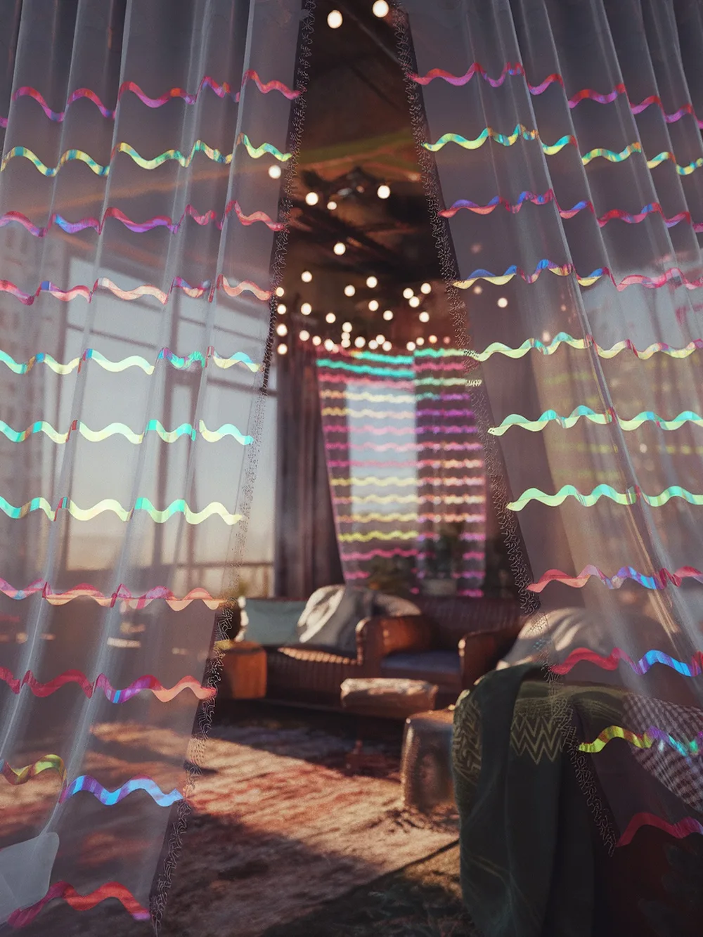 Colorful sheer curtains with wave patterns in a cozy room setting
