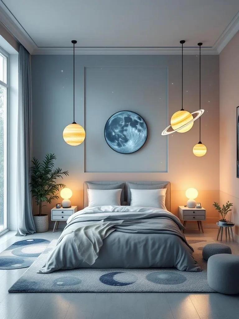 A cozy bedroom featuring floating planet lamps and galaxy-themed rugs.