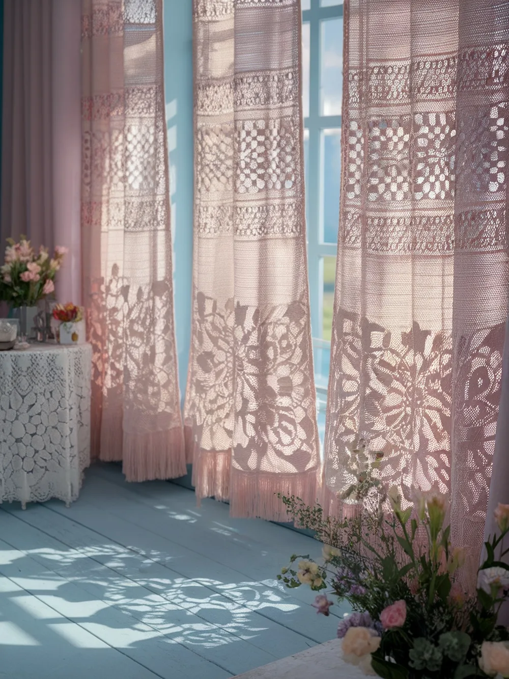 Floral crochet curtain panels in a bright room with blue walls and a table of flowers