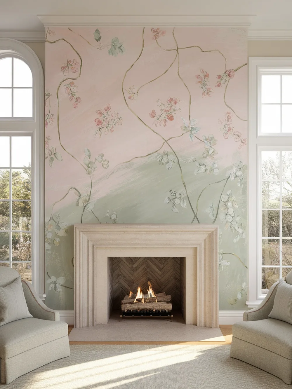 A cozy living room featuring a floral hand-painted mural on the fireplace accent wall.