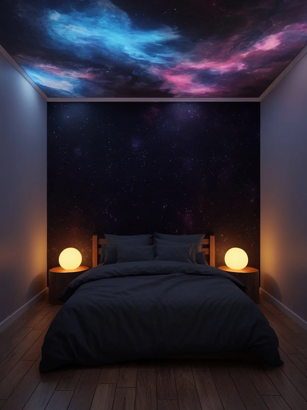 A bedroom with a galaxy ceiling and starry walls, featuring a cozy bed and soft lighting.