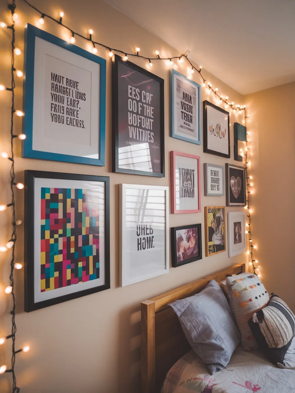 A cozy bedroom wall decorated with a gallery of framed art and string lights.