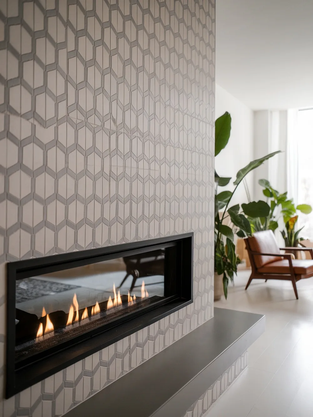 A modern fireplace with a geometric tile accent wall, featuring a sleek design and a cozy atmosphere.