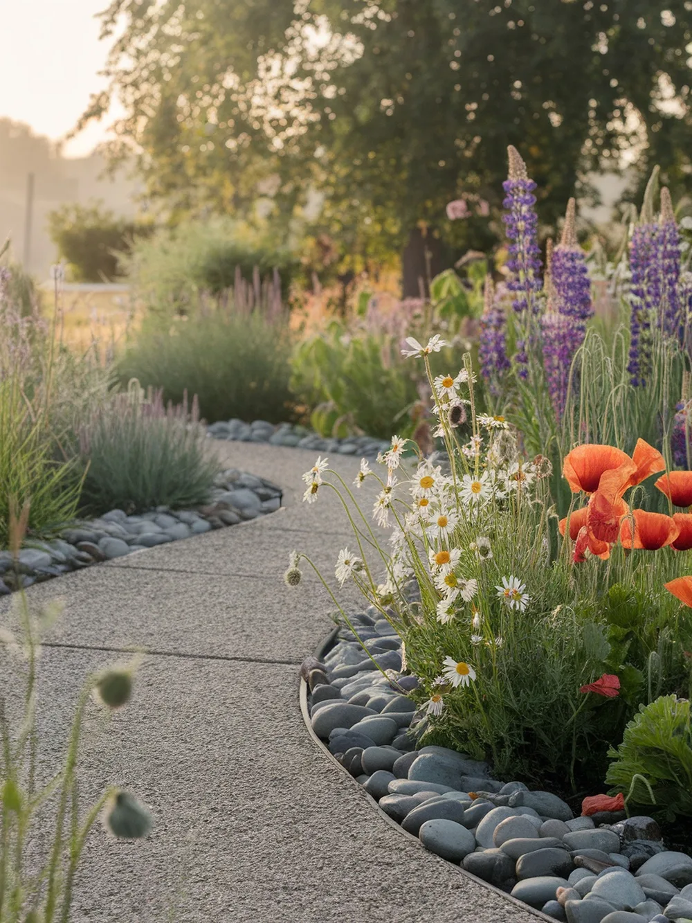 A gravel footpath alongside a vibrant wildflower border with daisies and poppies.