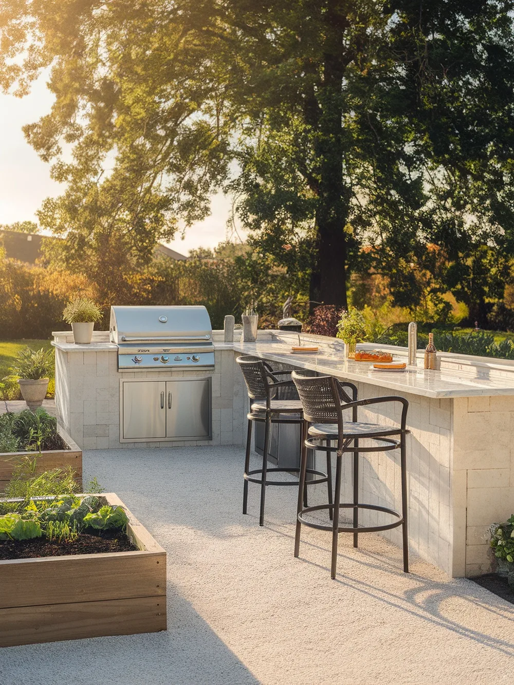 Outdoor kitchen with grill and seating area in a gravel yard