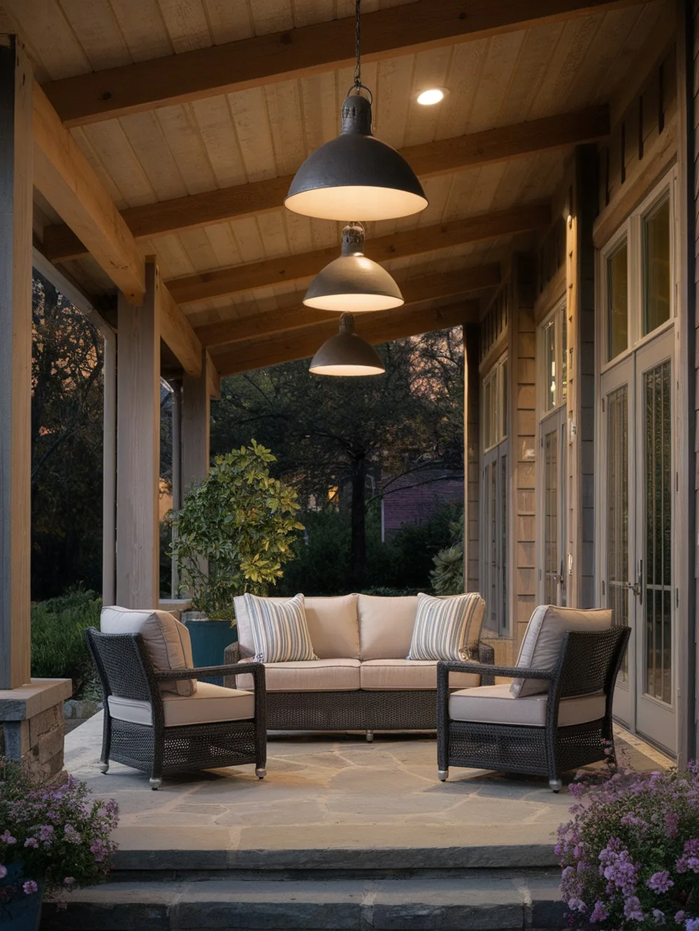 A cozy covered patio with hanging pendant lights illuminating a seating area.