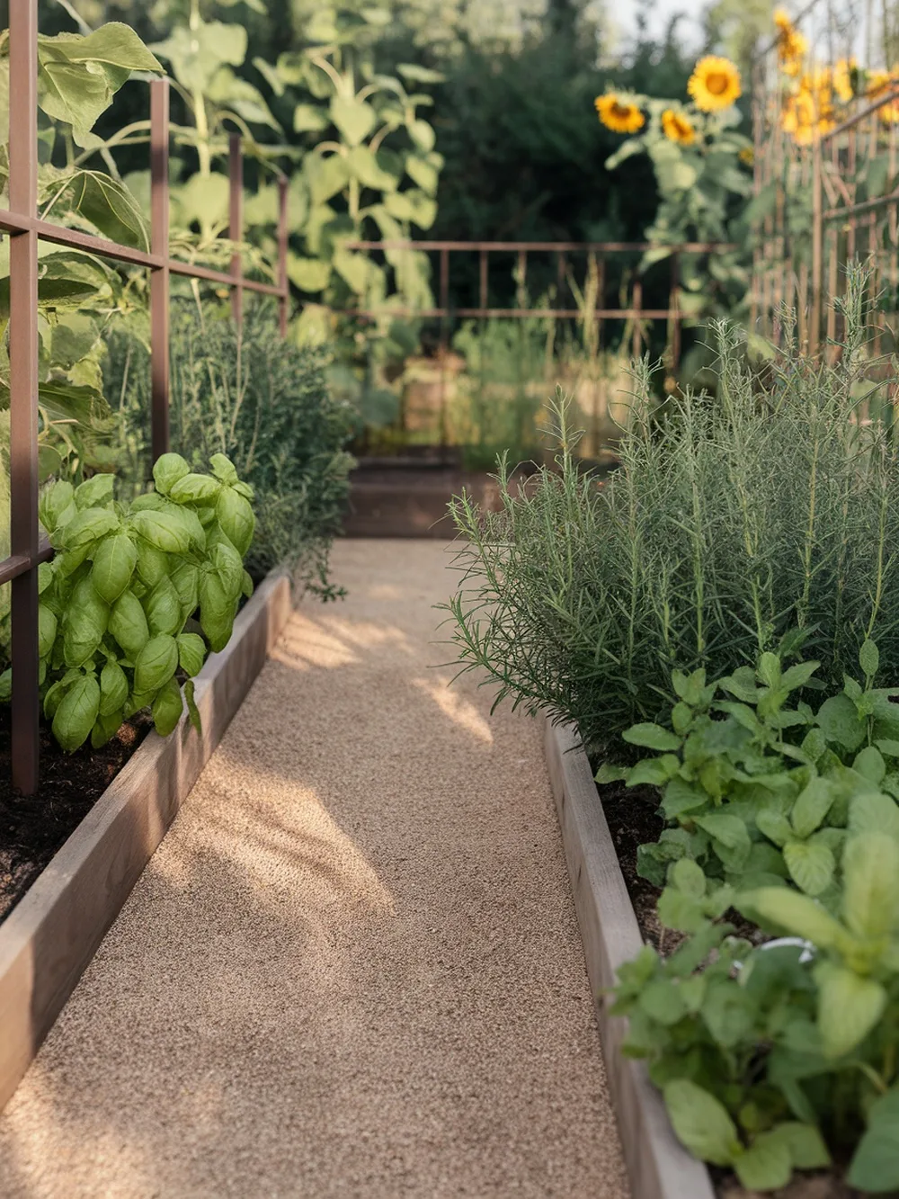 A pathway through a herb garden lined with basil, rosemary, and mint, with sunflowers in the background.