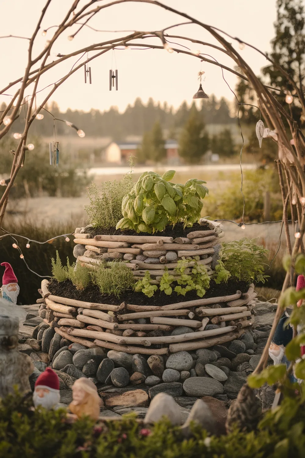 A beautiful herb spiral made of stones and driftwood, featuring various herbs and decorative elements.