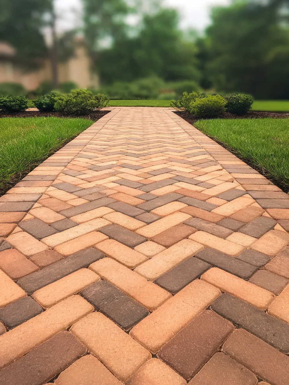 A herringbone pattern walkway made of pavers, surrounded by green grass and bushes.