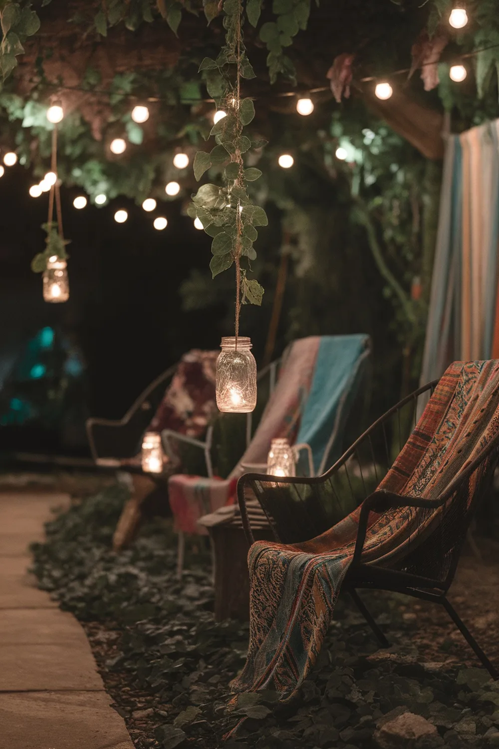A cozy garden scene with hanging mason jars filled with lights, surrounded by greenery and chairs.