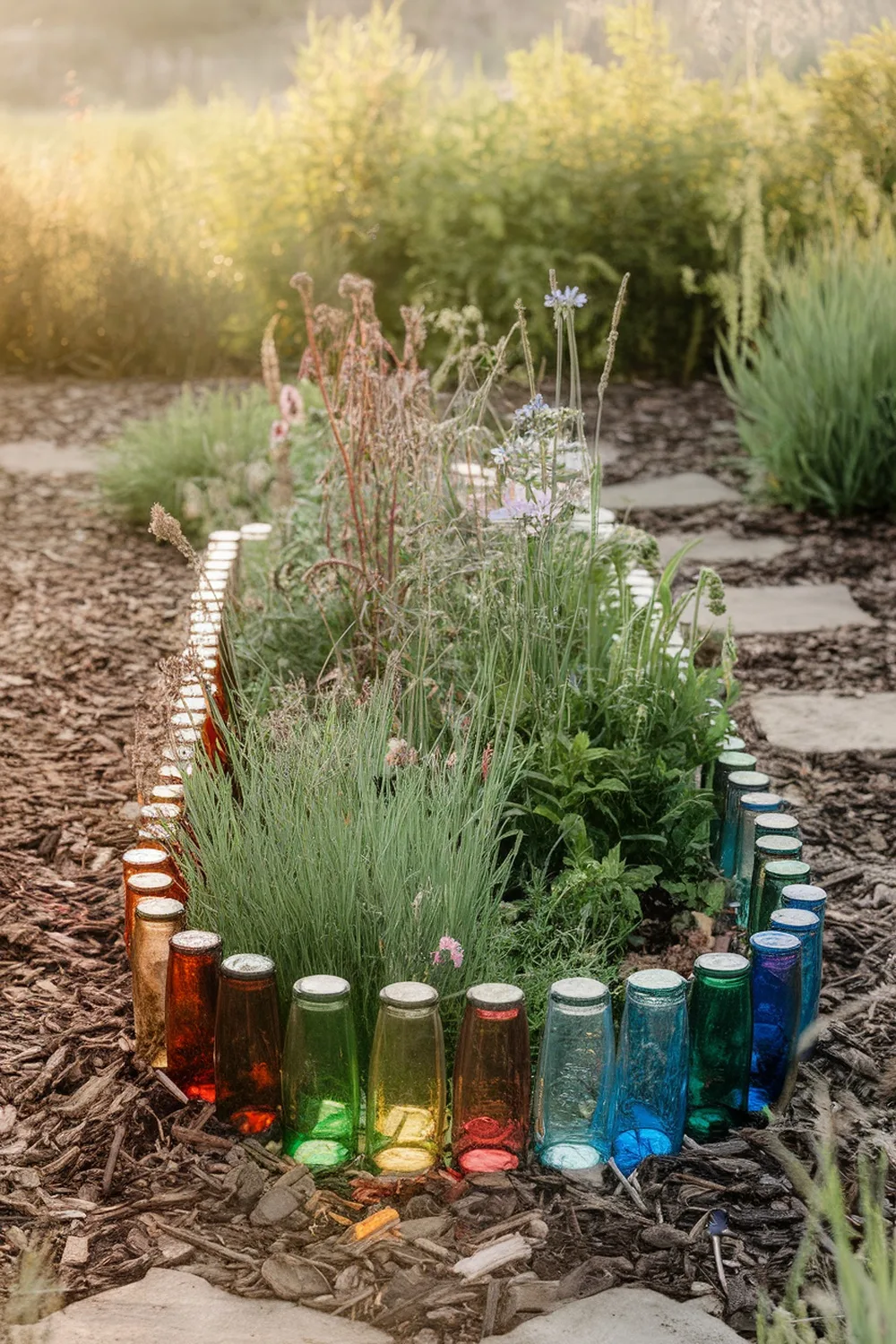 Colorful recycled bottles forming a border around a flower bed