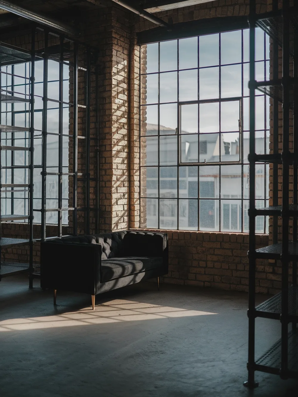 A black couch in an industrial loft with exposed brick walls and large windows.