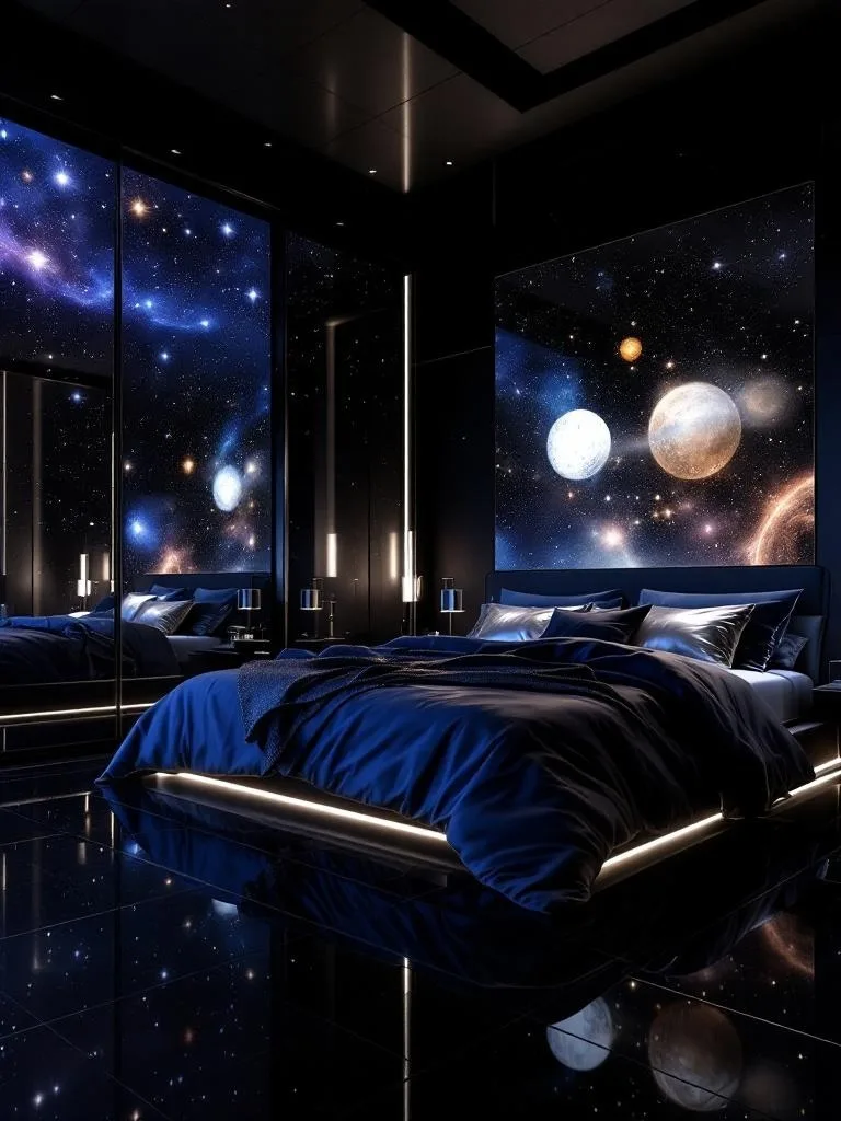 A modern bedroom featuring an infinity mirror effect with starry designs and soft lighting.