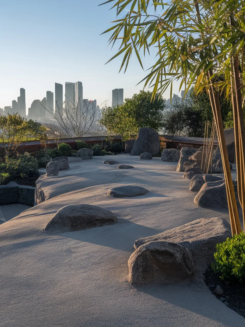 A serene Japanese dry rock garden with stones and gravel, set against a city skyline.