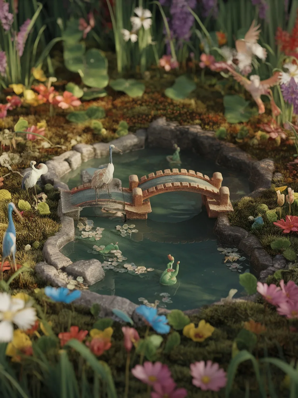 A vibrant Japanese fairy garden featuring a small pond, a bridge, and colorful flowers.