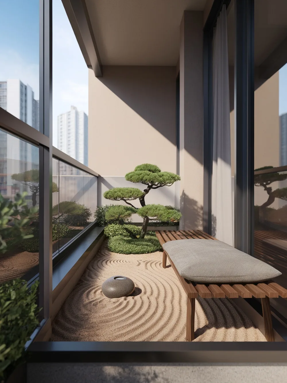 A serene Japanese garden on a balcony featuring a bonsai tree, raked sand, and a wooden bench.