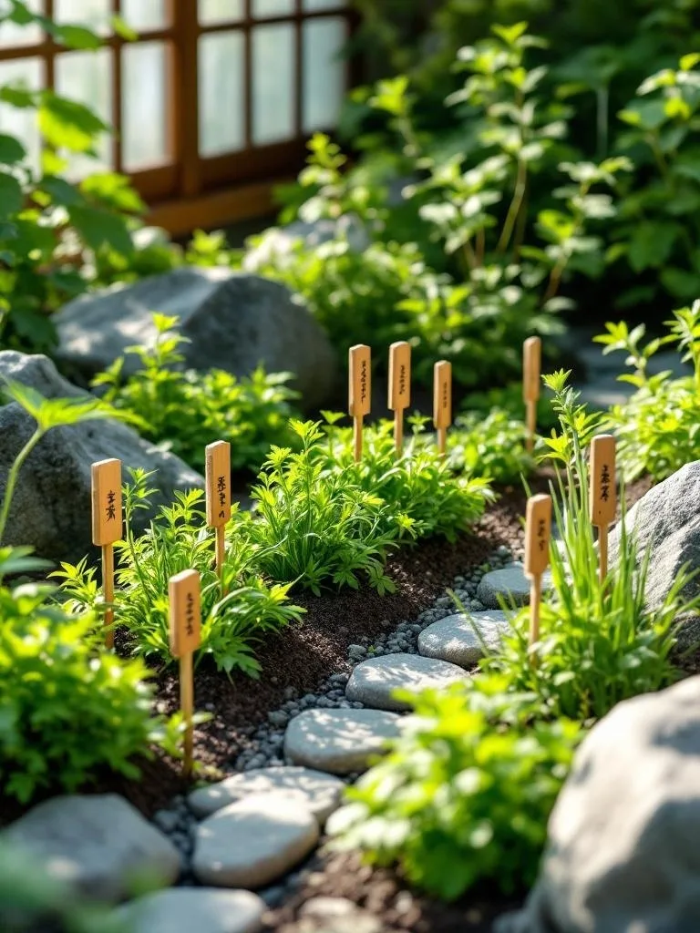 A small Japanese herb garden featuring cilantro, chives, and mint, arranged with stones and bamboo.