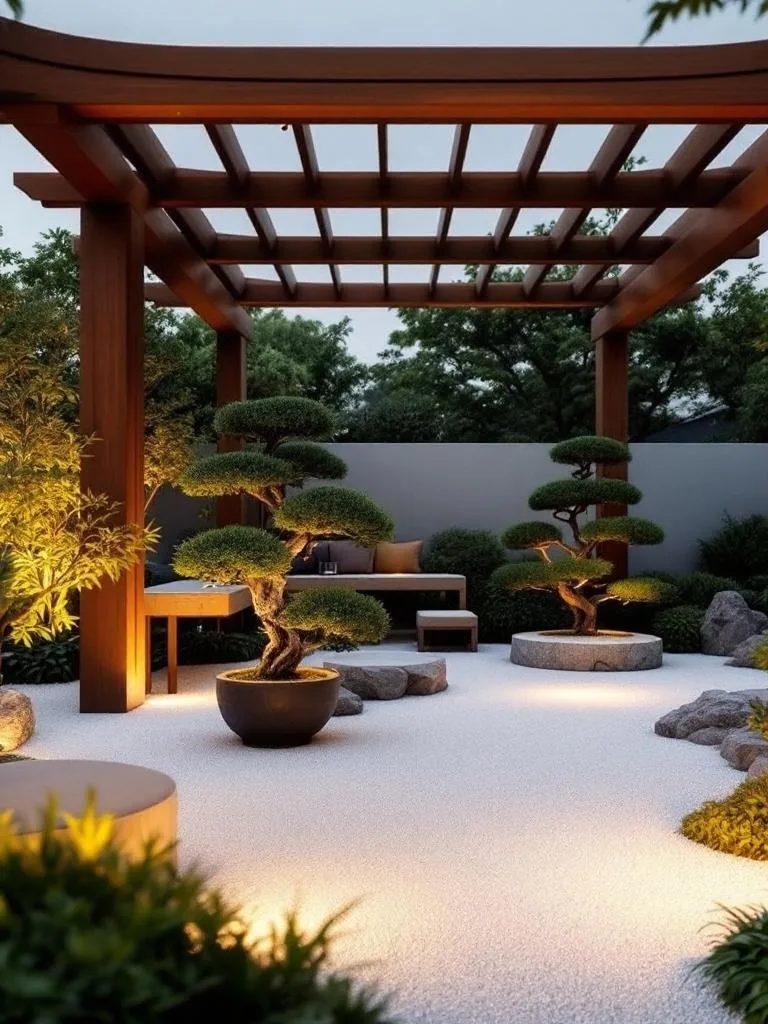 A Japanese Zen-inspired pergola with wooden beams, surrounded by a tranquil garden featuring stones and greenery.