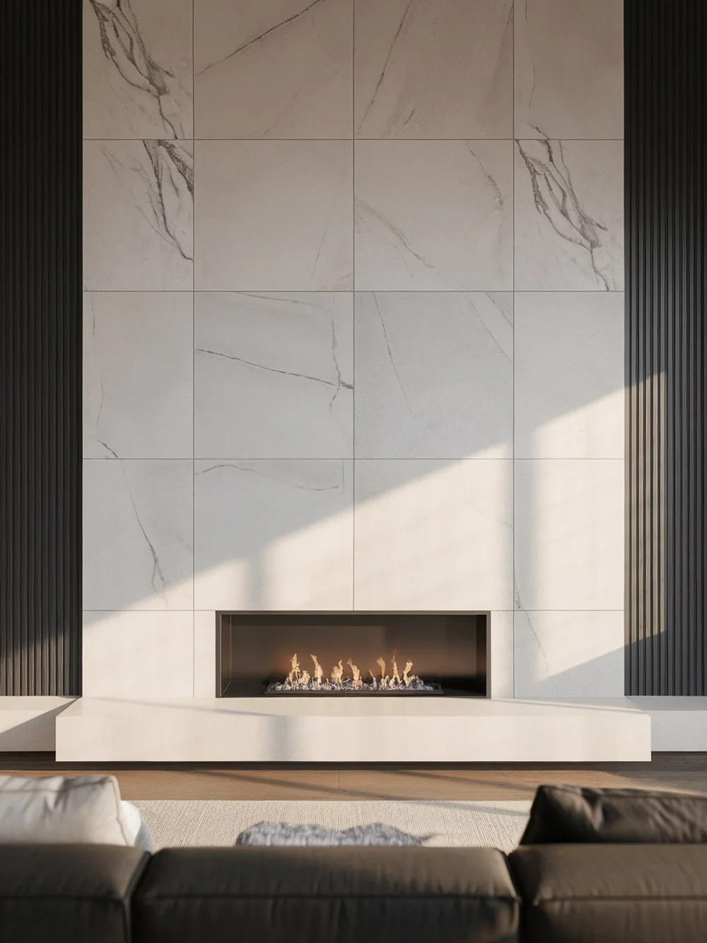 A modern fireplace accent wall featuring large format porcelain tiles.